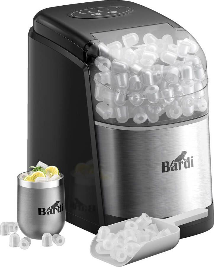 Bardi IJsblokjesmachine 1.6L Zelfreinigingsfunctie IJsblokmaker met IJsschep -met IJsschep Inclusief Luxe Thermosbeker en Ijsschep- RVS