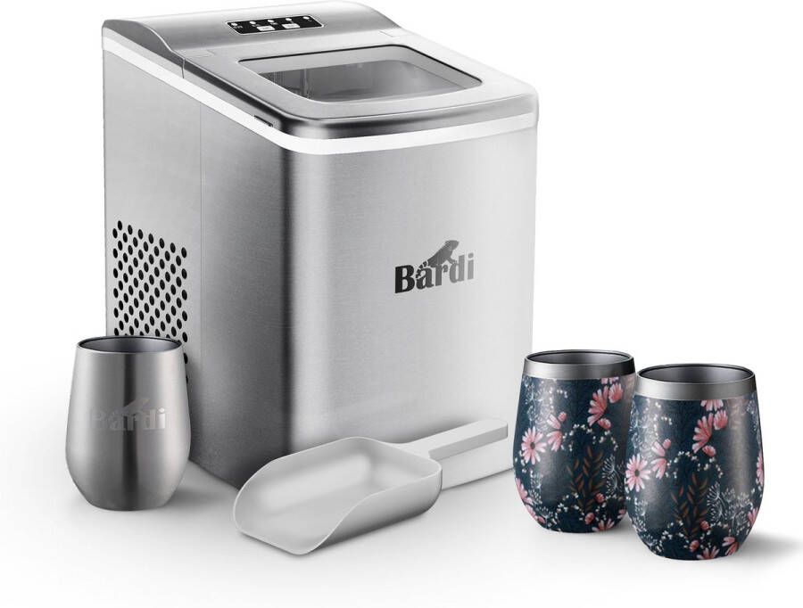Bardi IJsblokjesmachine Set 2 Liter RVS 12KG IJsblokjes in 24 uur met IJsschep Inclusief 3 Luxe Thermosbekers en Ijsschep Japanese Flower