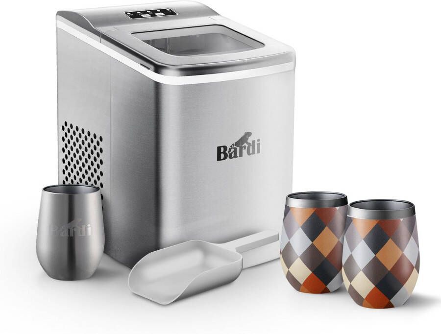 Bardi IJsblokjesmachine Set 2 Liter RVS 12KG IJsblokjes in 24 uur met IJsschep Inclusief 3 Luxe Thermosbekers en Ijsschep Blok