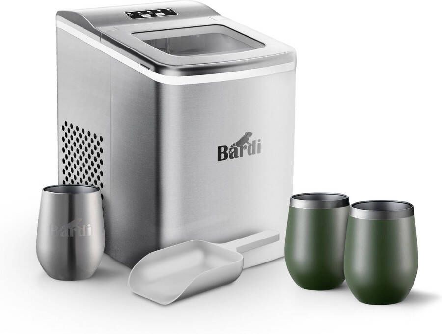 Bardi IJsblokjesmachine Set 2 Liter RVS 12KG IJsblokjes in 24 uur met IJsschep Inclusief 3 Luxe Thermosbekers en Ijsschep Groen
