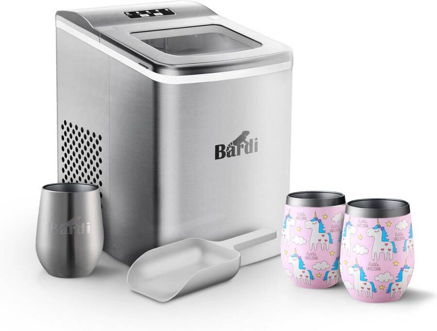 Bardi IJsblokjesmachine Set 2 Liter RVS 12KG IJsblokjes in 24 uur met IJsschep Inclusief 3 Luxe Thermosbekers en Ijsschep Eenhoorn