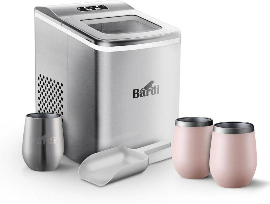 Bardi IJsblokjesmachine Set 2 Liter RVS 12KG IJsblokjes in 24 uur met IJsschep Inclusief 3 Luxe Thermosbekers en Ijsschep Roze