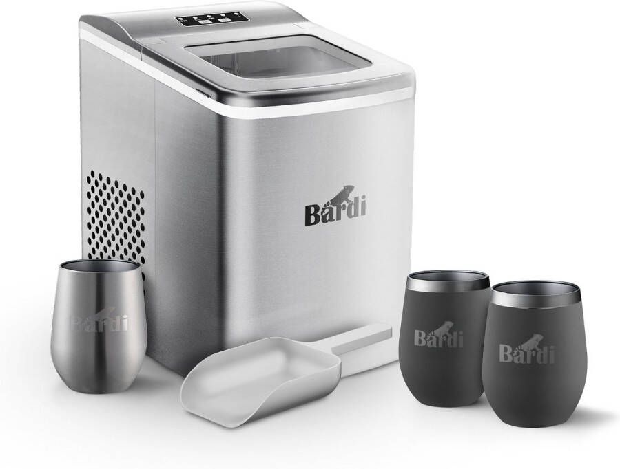 Bardi IJsblokjesmachine Set 2 Liter RVS 12KG IJsblokjes in 24 uur met IJsschep Inclusief 3 Luxe Thermosbekers en Ijsschep Grijs