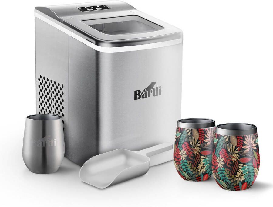 Bardi IJsblokjesmachine Set 2 Liter RVS 12KG IJsblokjes in 24 uur met IJsschep Inclusief 3 Luxe Thermosbekers en Ijsschep Jungle