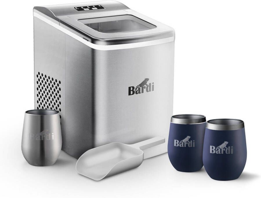 Bardi IJsblokjesmachine Set 2 Liter RVS 12KG IJsblokjes in 24 uur met IJsschep Inclusief 3 Luxe Thermosbekers en Ijsschep Blauw
