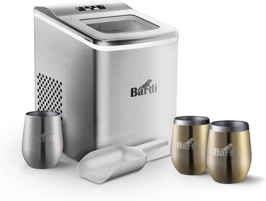 Bardi IJsblokjesmachine Set 2 Liter RVS 12KG IJsblokjes in 24 uur met IJsschep Inclusief 3 Luxe Thermosbekers en Ijsschep Goud