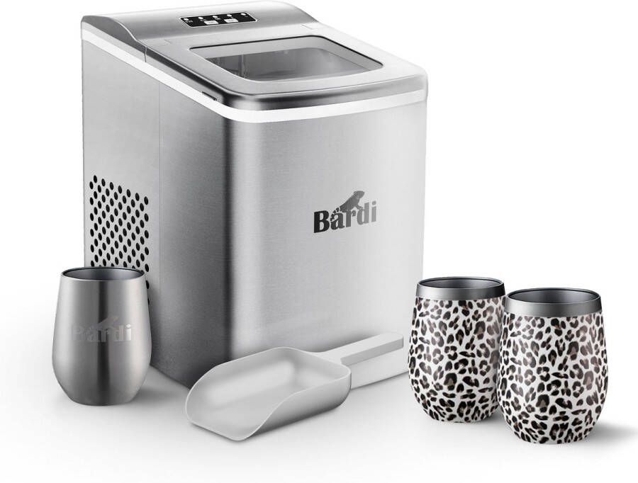 Bardi IJsblokjesmachine Set 2 Liter RVS 12KG IJsblokjes in 24 uur met IJsschep Inclusief 3 Luxe Thermosbekers en Ijsschep Leo