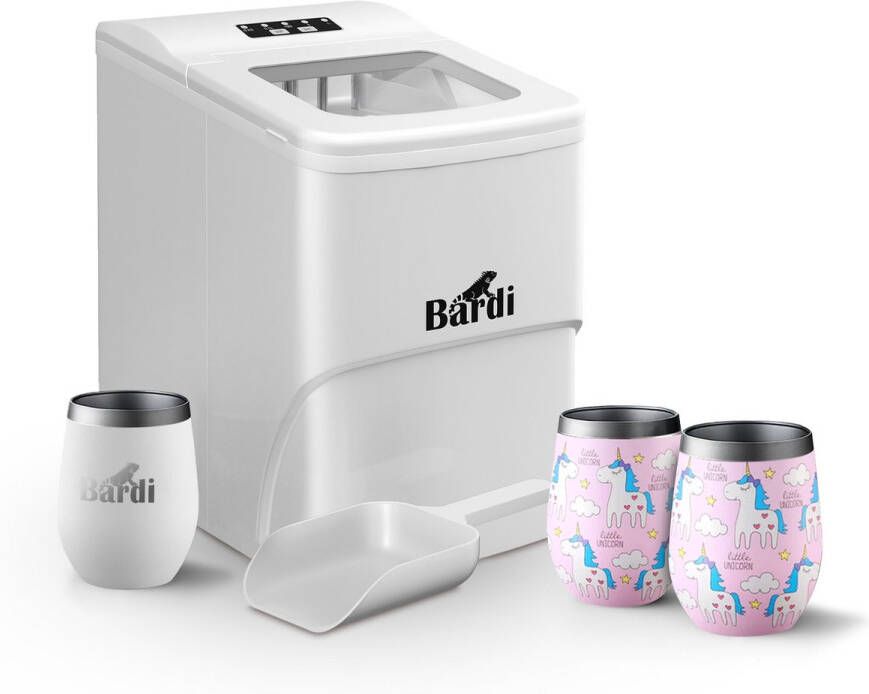 Bardi IJsblokjesmachine Set 2 Liter Wit 12KG IJsblokjes in 24 uur met IJsschep Inclusief 3 Luxe Thermosbekers en Ijsschep Eenhoorn