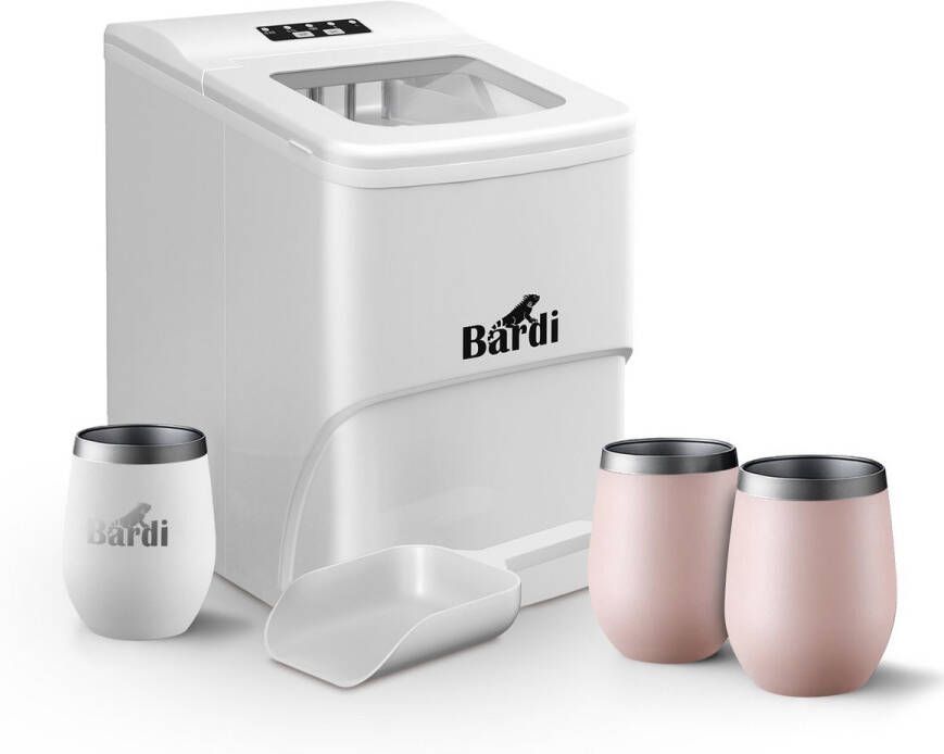 Bardi IJsblokjesmachine Set 2 Liter Wit 12KG IJsblokjes in 24 uur met IJsschep Inclusief 3 Luxe Thermosbekers en Ijsschep Roze