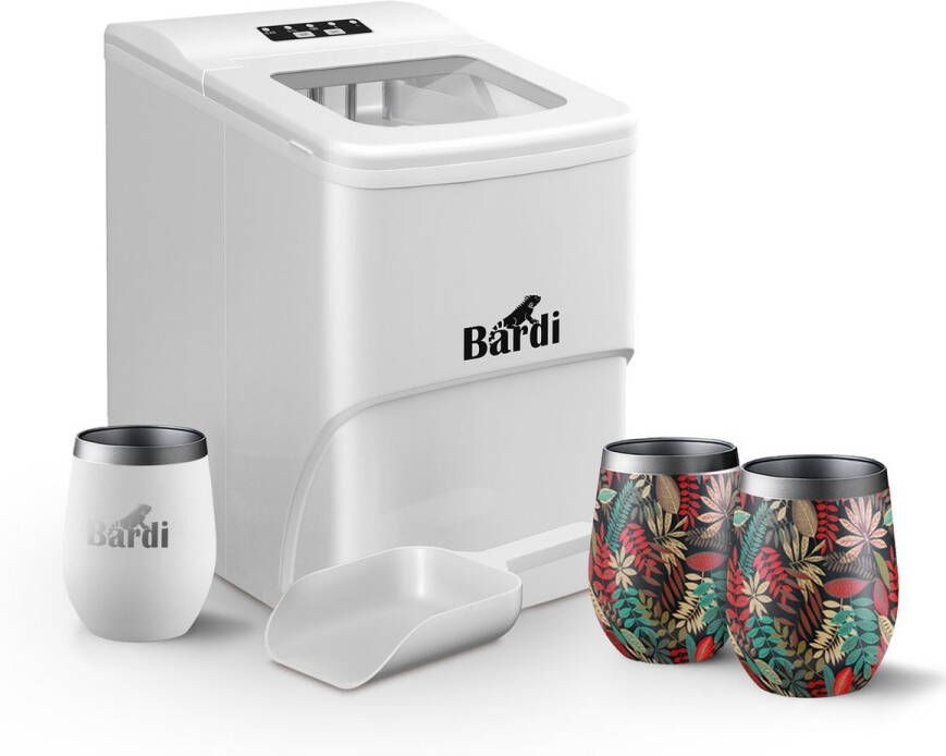 Bardi IJsblokjesmachine Set 2 Liter Wit 12KG IJsblokjes in 24 uur met IJsschep Inclusief 3 Luxe Thermosbekers en Ijsschep Jungle