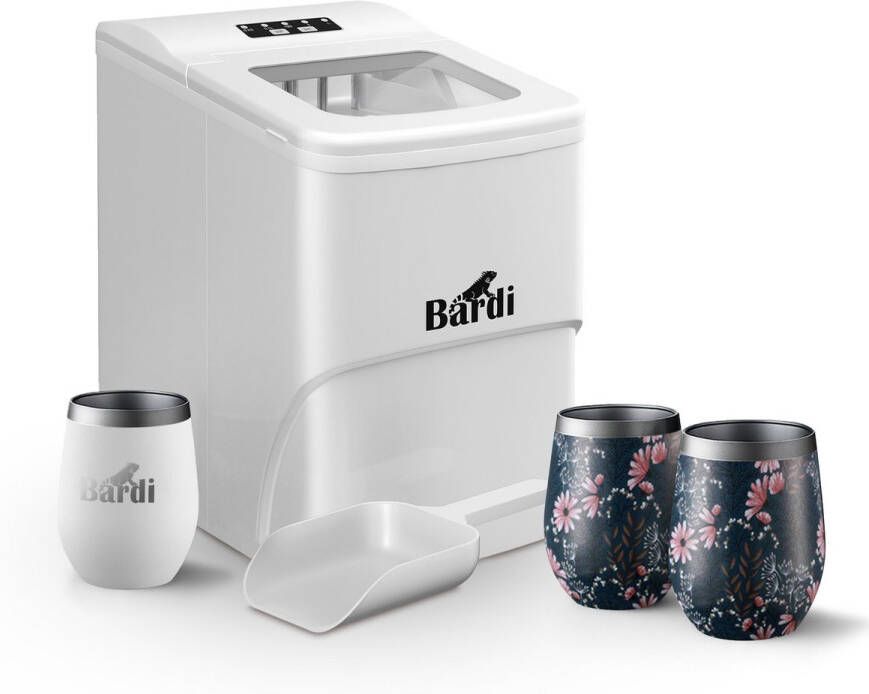 Bardi IJsblokjesmachine Set 2 Liter Wit 12KG IJsblokjes in 24 uur met IJsschep Inclusief 3 Luxe Thermosbekers en Ijsschep Japanese Flower