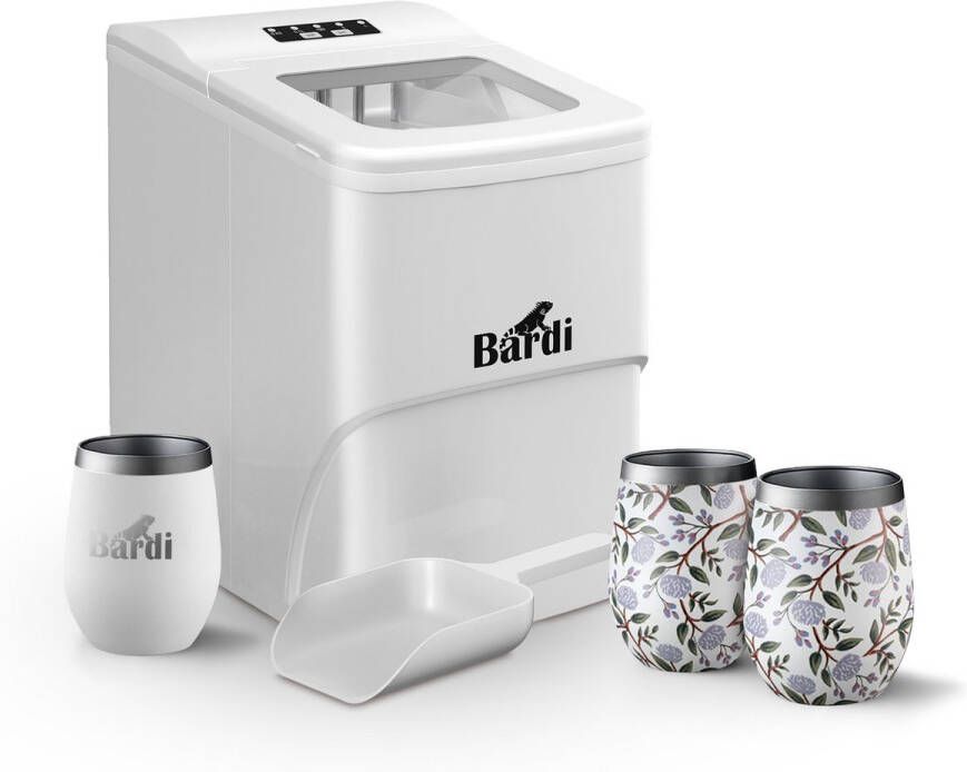 Bardi IJsblokjesmachine Set 2 Liter Wit 12KG IJsblokjes in 24 uur met IJsschep Inclusief 3 Luxe Thermosbekers en Ijsschep White Flower