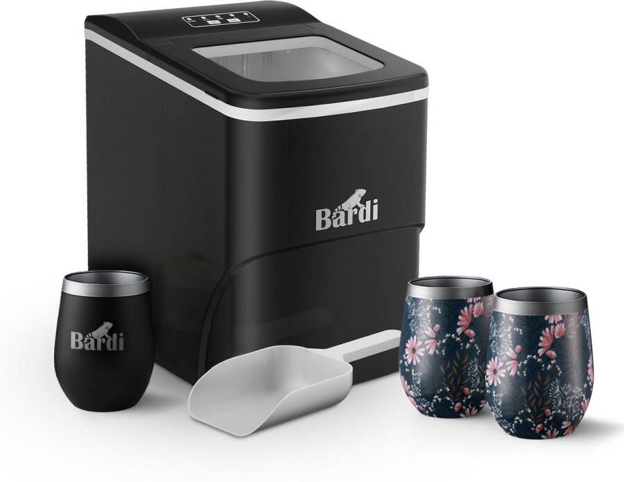 Bardi IJsblokjesmachine Set 2 Liter Zwart 12KG IJsblokjes in 24 uur met IJsschep Inclusief 3 Luxe Thermosbekers en Ijsschep Japanese Flower