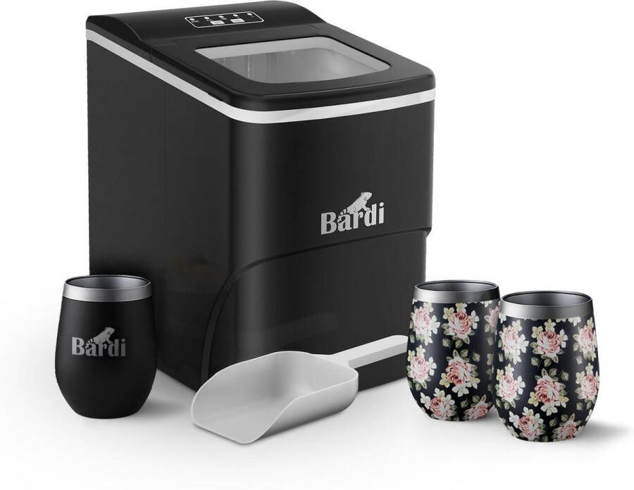 Bardi IJsblokjesmachine Set 2 Liter Zwart 12KG IJsblokjes in 24 uur met IJsschep Inclusief 3 Luxe Thermosbekers en Ijsschep -Bloemetjes