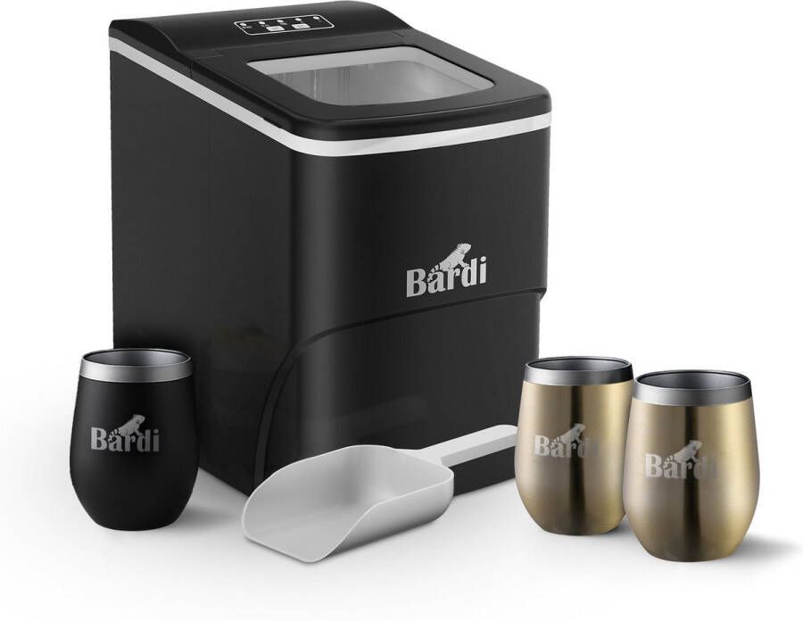 Bardi IJsblokjesmachine Set 2 Liter Zwart 12KG IJsblokjes in 24 uur met IJsschep Inclusief 3 Luxe Thermosbekers en Ijsschep Goud