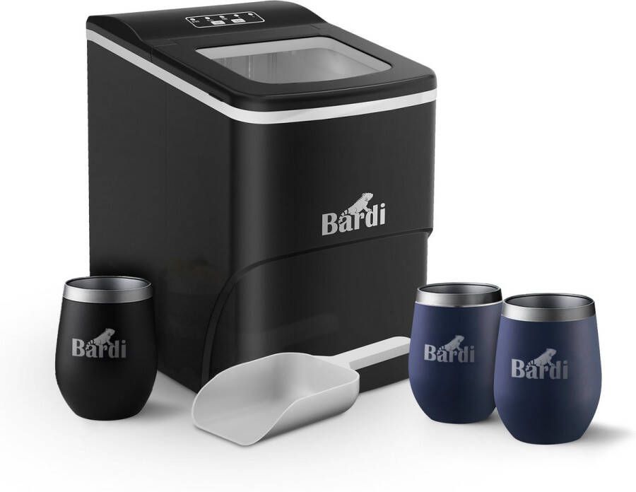 Bardi IJsblokjesmachine Set 2 Liter Zwart 12KG IJsblokjes in 24 uur met IJsschep Inclusief 3 Luxe Thermosbekers en Ijsschep Blauw