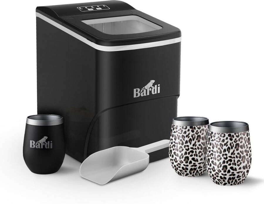 Bardi IJsblokjesmachine Set 2 Liter Zwart 12KG IJsblokjes in 24 uur met IJsschep Inclusief 3 Luxe Thermosbekers en Ijsschep Leo