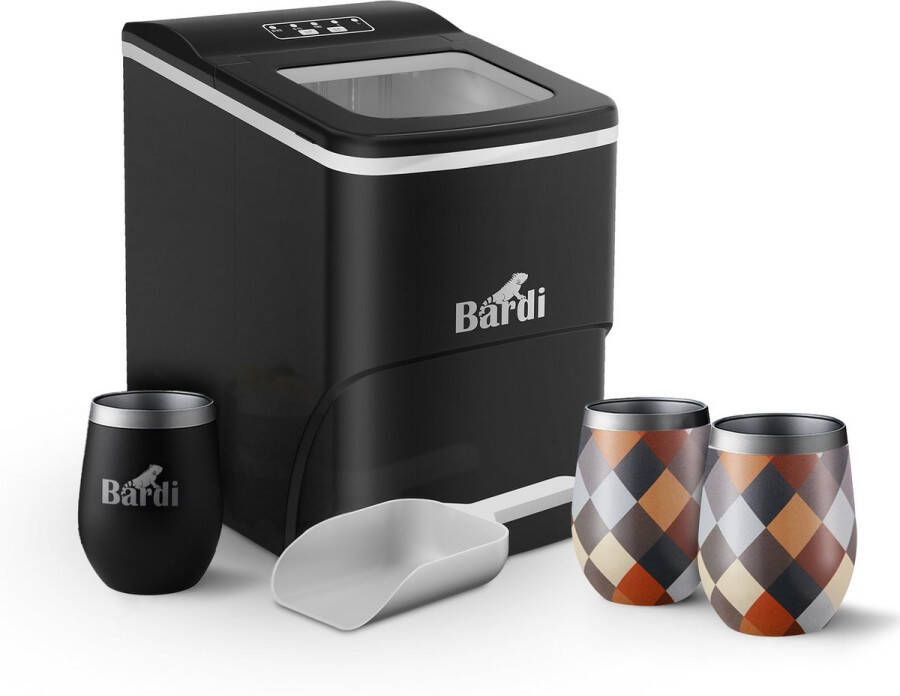 Bardi IJsblokjesmachine Set 2 Liter Zwart 12KG IJsblokjes in 24 uur met IJsschep Inclusief 3 Luxe Thermosbekers en Ijsschep Blok