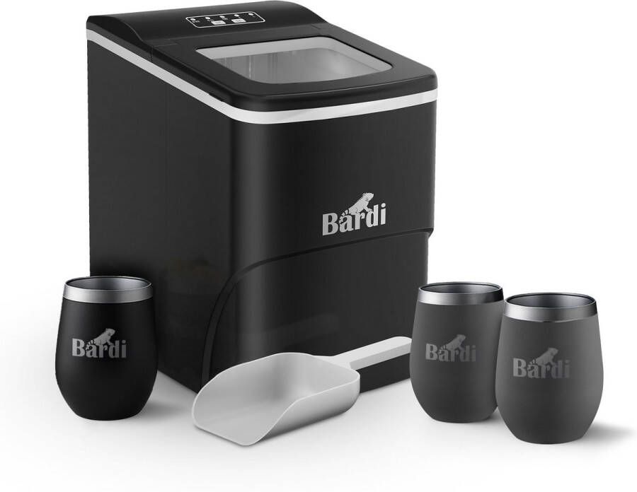 Bardi IJsblokjesmachine Set 2 Liter Zwart 12KG IJsblokjes in 24 uur met IJsschep Inclusief 3 Luxe Thermosbekers en Ijsschep Grijs