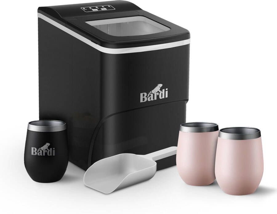 Bardi IJsblokjesmachine Set 2 Liter Zwart 12KG IJsblokjes in 24 uur met IJsschep Inclusief 3 Luxe Thermosbekers en Ijsschep Roze