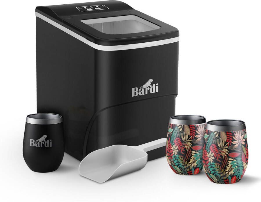 Bardi IJsblokjesmachine Set 2 Liter Zwart 12KG IJsblokjes in 24 uur met IJsschep Inclusief 3 Luxe Thermosbekers en Ijsschep Jungle