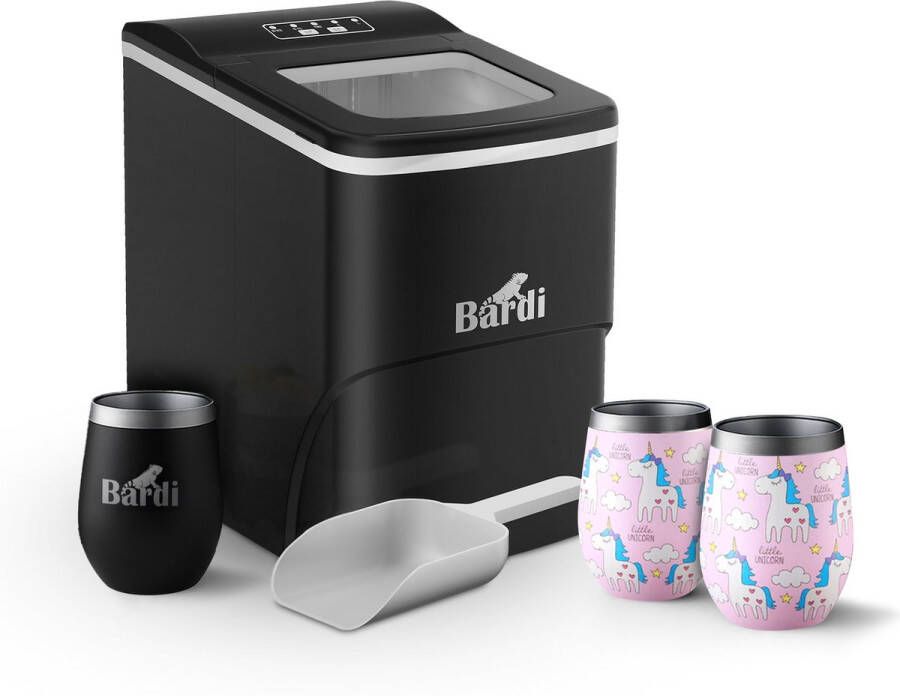 Bardi IJsblokjesmachine Set 2 Liter Zwart 12KG IJsblokjes in 24 uur met IJsschep Inclusief 3 Luxe Thermosbekers en Ijsschep Eenhoorn