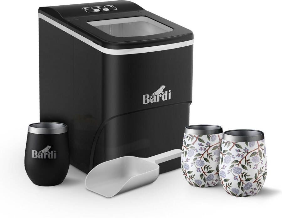 Bardi IJsblokjesmachine Set 2 Liter Zwart 12KG IJsblokjes in 24 uur met IJsschep Inclusief 3 Luxe Thermosbekers en Ijsschep White Flower