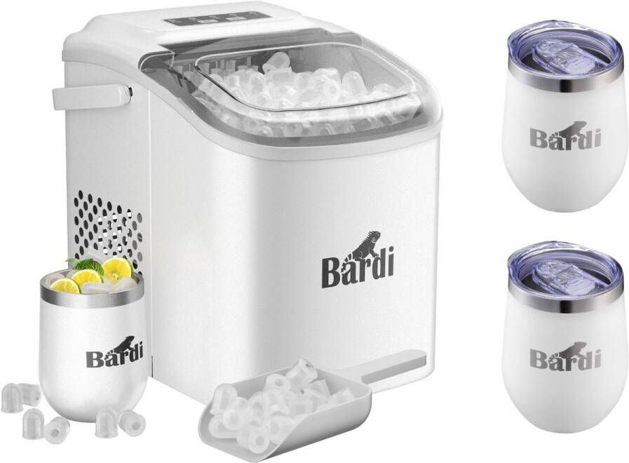 Bardi Luxe volledige set met 3 RVS dubbelwandige thermosbekers koffiebekers Deluxe IJsblokjesmachine 1.2L – IJsblokmaker Inclusief Luxe Thermosbeker en IJsschep – 9 Blokjes in 8 Minuten – Wit
