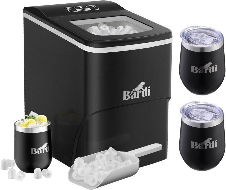 Bardi Luxe volledige set met 3 RVS dubbelwandige thermosbekers koffiebekers Deluxe IJsblokjesmachine 2L – IJsblokmaker Inclusief Luxe Thermosbeker en IJsschep – 9 Blokjes in 8 Minuten – ZWART