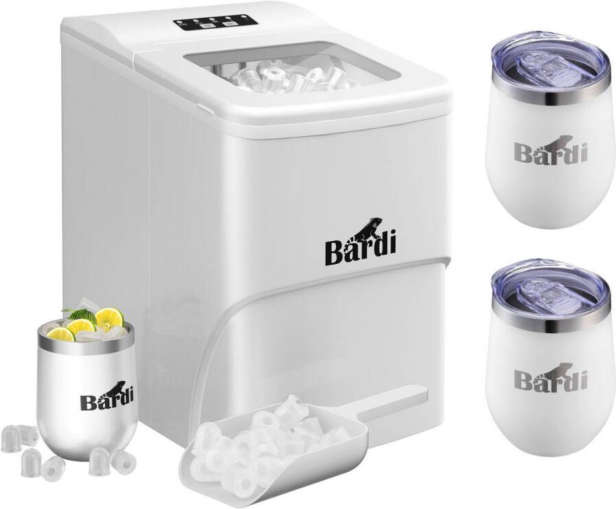 Bardi Luxe volledige set met 3 RVS dubbelwandige thermosbekers koffiebekers Deluxe IJsblokjesmachine 2L – IJsblokmaker Inclusief Luxe Thermosbeker en IJsschep – 9 Blokjes in 8 Minuten – WIT
