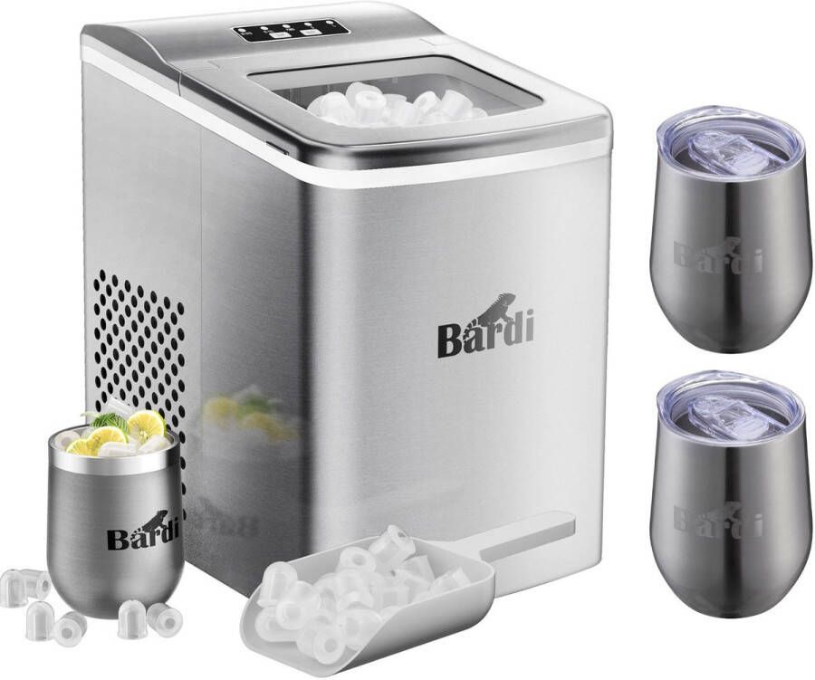 Bardi Luxe volledige set met 3 RVS dubbelwandige thermosbekers koffiebekers Deluxe IJsblokjesmachine 2L – IJsblokmaker Inclusief Luxe Thermosbeker en IJsschep – 9 Blokjes in 8 Minuten – RVS