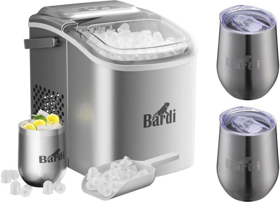 Bardi Luxe volledige set met 3 RVS dubbelwandige thermosbekers koffiebekers Deluxe IJsblokjesmachine 1.2L – IJsblokmaker Inclusief Luxe Thermosbeker en IJsschep – 9 Blokjes in 8 Minuten – RVS