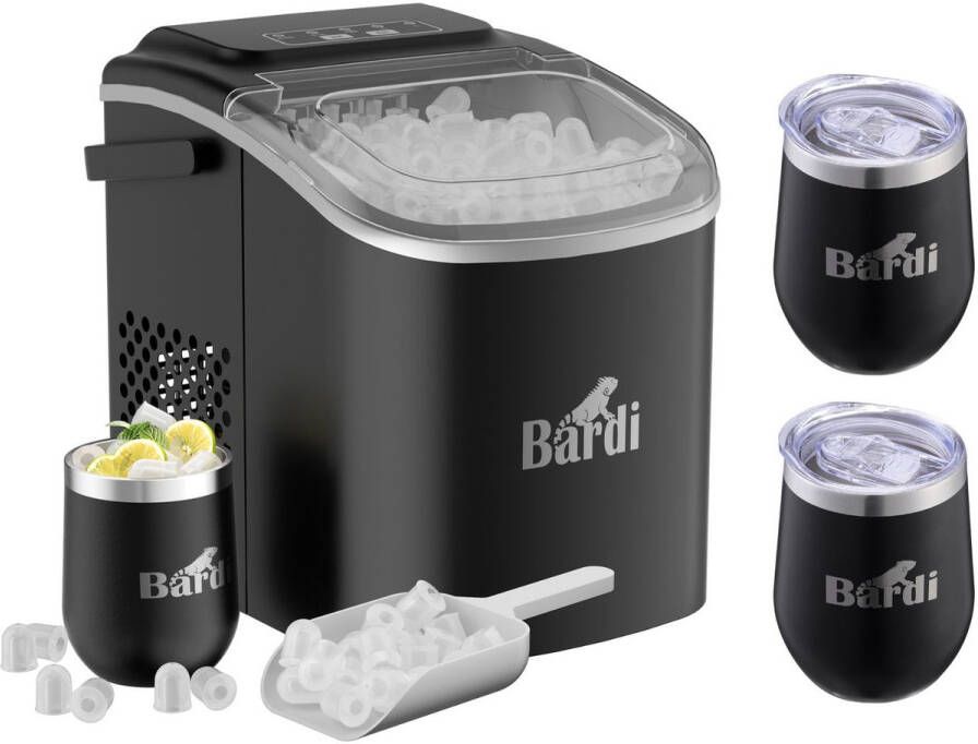 Bardi Luxe volledige set met 3 RVS dubbelwandige thermosbekers koffiebekers Deluxe IJsblokjesmachine – IJsblokmaker Inclusief Luxe Thermosbeker en IJsschep – 9 Blokjes in 8 Minuten – Zwart