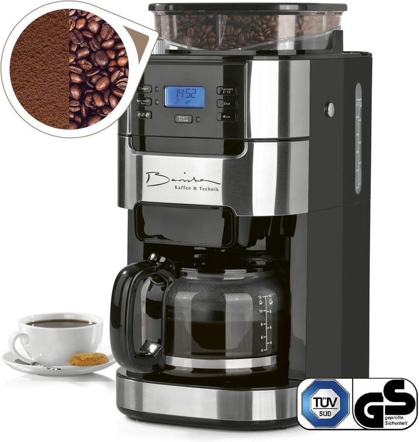 Barista Filterkoffiezetapparaat met Bonenmaler – Warmhoudfunctie 24-uurs Timer Permanent Filter – 10 Kopjes – Voor Bonen en Gemalen Koffie