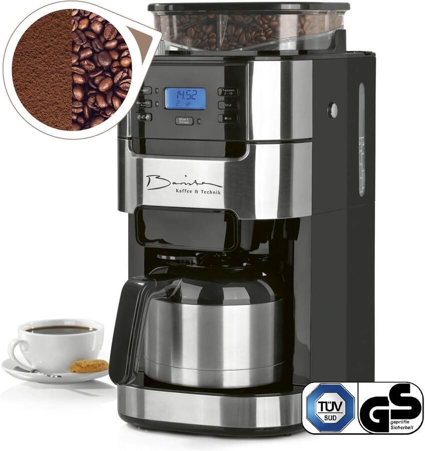 Barista Filterkoffiezetapparaat met Bonenmaler – Warmhoudfunctie 24-uurs Timer Permanent Filter – 10 Kopjes – Voor Bonen en Gemalen Koffie – Roestvrij Staal Zwart