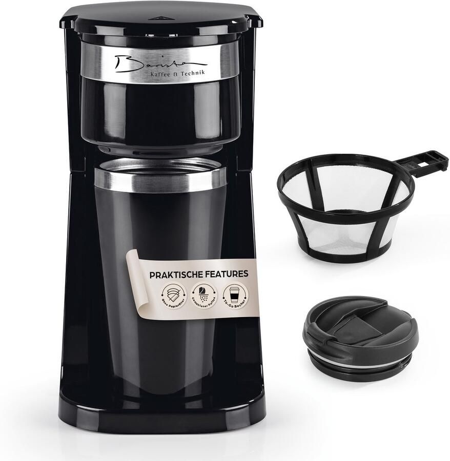 Barista Single koffiemachine to go 750 watt compacte filterkoffiemachine met thermosbeker kleine draagbare koffie-to-go-machine incl. isolatiebeker & nylon permanentfilter zwart zilver