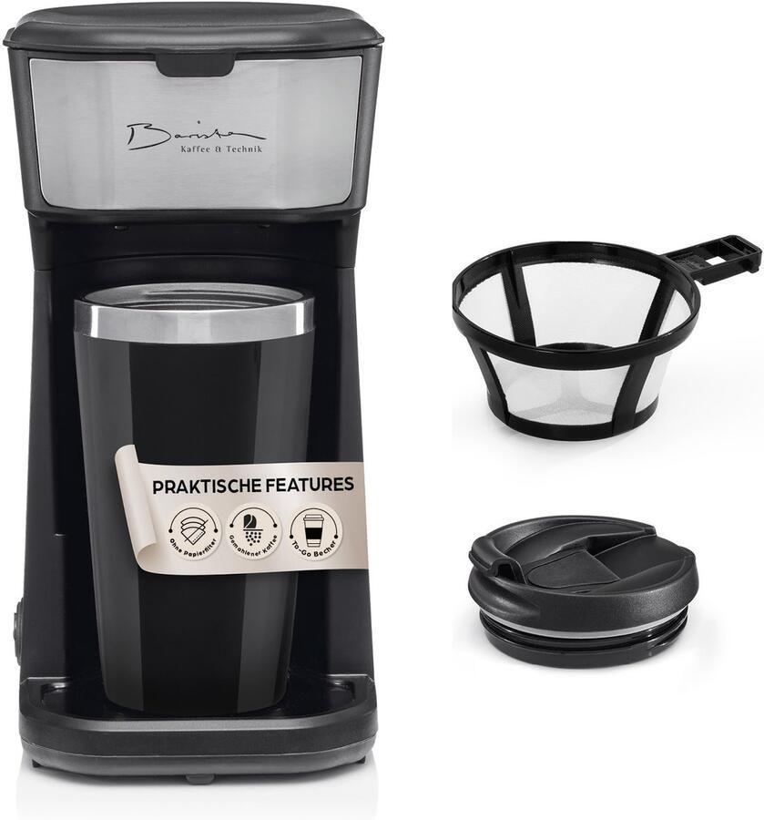 Barista Single koffiezetapparaat to go 450 watt compact filterkoffiezetapparaat met thermobeker kleine draagbare coffee to go machine incl. isolatiebeker & nylon permanent filter zwart