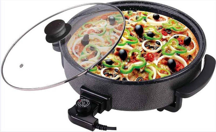 Royal Swiss bavary Luxe Bavary Hapjespan Elektrische Hapjespan 42 cm x 9 cm diep Pizza pan Regelbare thermostaat Met deksel Paella pan Zwart