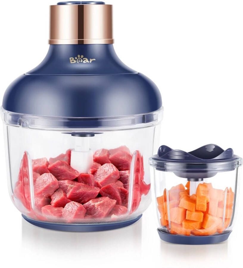 Bear Hakmolen QSJ-D03Q1 – Dubbele Glazen Kom (0 6L + 2L) – 300W – 2 Snelheden – RVS Messen – Compacte Keukenmachine voor Snijden Hakken & Pureren