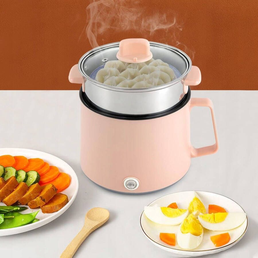 Bedee 1.7L Dubbellaags Anti-aanbak Elektrische Kookplaat met Stomer 220V 2 Vermogensstanden Stomer van Roestvrij Staal Antislip Bodem Deksel van Gehard Glas Roze 17*25cm