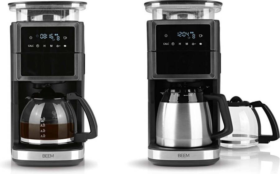 Beem Koffiezetapparaat Perfect III – koffiemachine met molen – Incl. 2 koffiekannen – glazen kan – thermoskan –- Zwart RVS – touch-screen - Foto 2