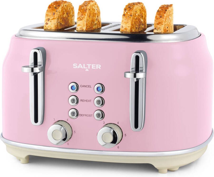 Beldray Salter Retro 4-Slice Broodrooster – Brede Sleuven 6 Bruiningsniveaus Ontdooien Opwarmen Annuleren Functies Uitneembare Kruimellade Extra Dik Brood Bagels 1630W Roze