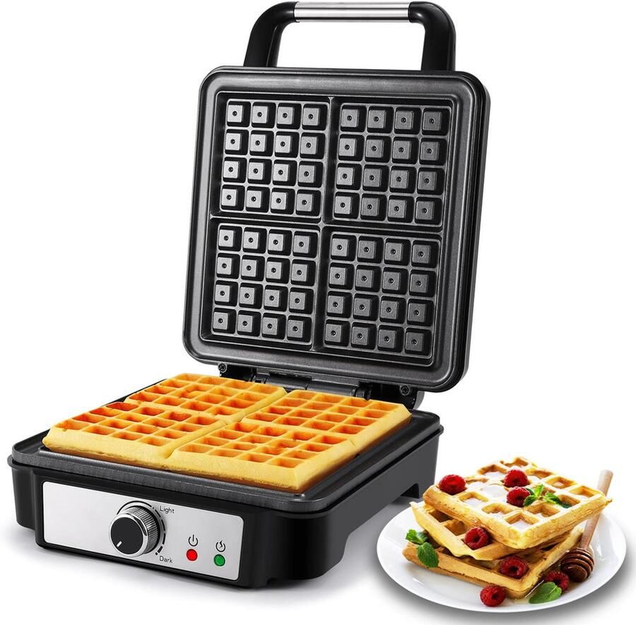 Belgische Wafelmaker 4-Slice Vierkante Wafelmaker 1200W Wafelijzer met 5 Bruneerknop Indicatorlampjes Anti-overflow Antiaanbaklaag 1200W Zilver Zwart