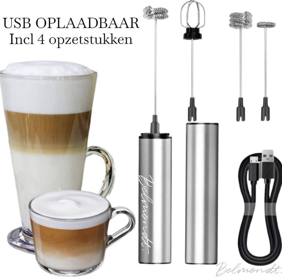 Belmondt © Oplaadbare Melkopschuimer Elektrisch USB oplaadbaar- 3 Snelheden -4 opzetstukken-Grijs RVS - Foto 2