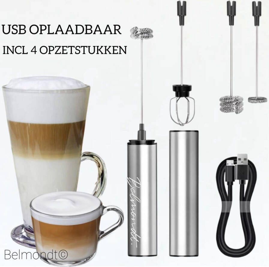 Belmondt © Oplaadbare Melkopschuimer Elektrisch USB oplaadbaar- 3 Snelheden -4 opzetstukken-Grijs RVS