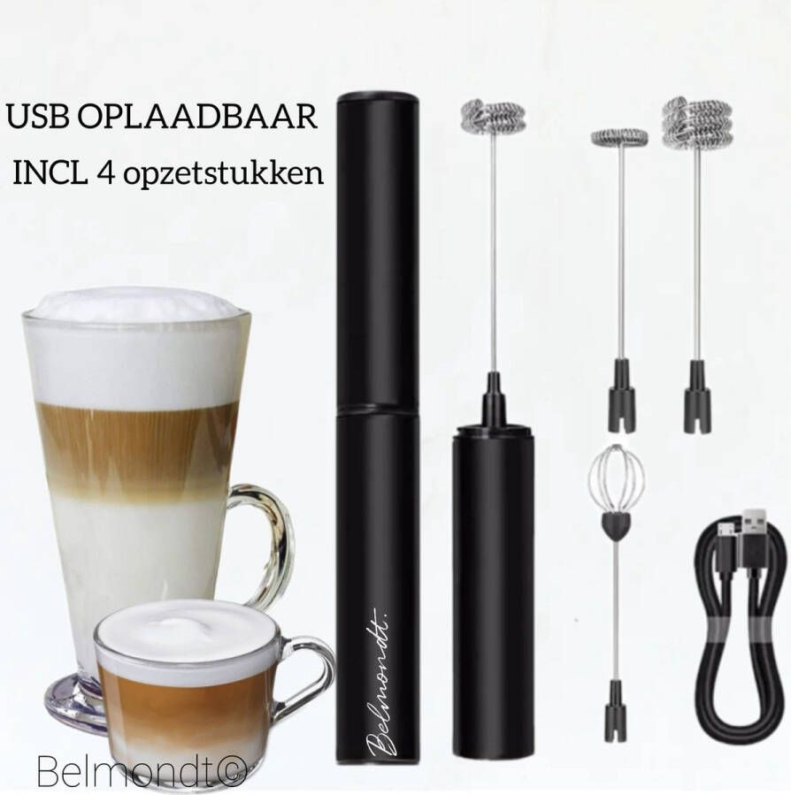 Belmondt © Oplaadbare Melkopschuimer Elektrisch USB oplaadbaar- 3 Snelheden -4 opzetstukken-Zwart