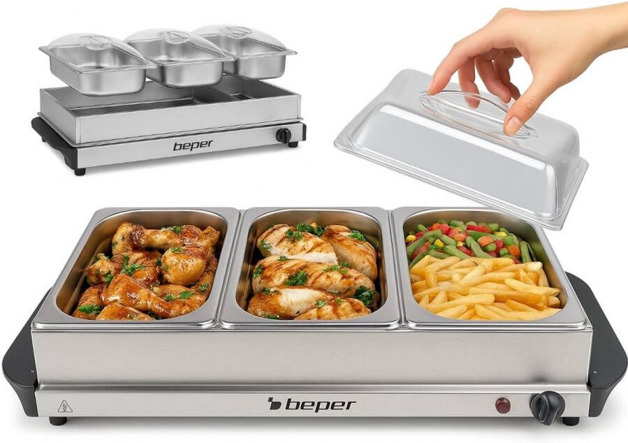Beper Warmhoudplaat Buffet Warmer Chafing Dish Rechaud Elektrisch 2x2.4L & 2x1.1L Roestvrij Staal
