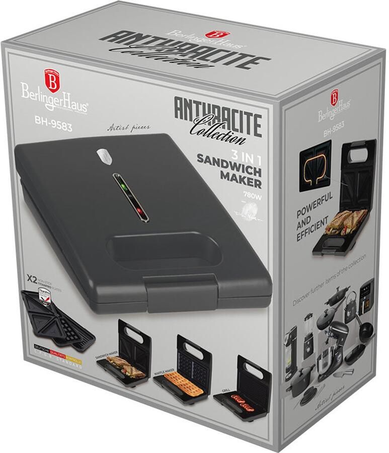 BerlingerHaus Berlinger Haus Tosti-ijzer 3-in-1 Mat Antraciet Uitneembare Platen Wafel & Grill 780W