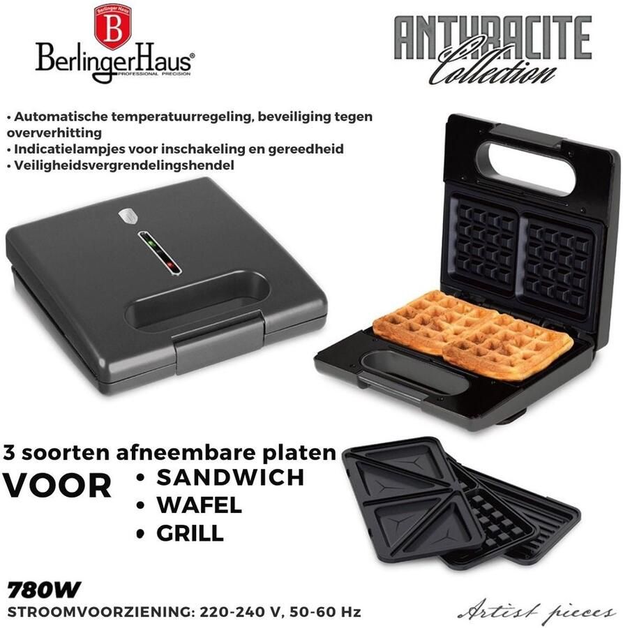 BerlingerHaus Tosti-ijzer 3-in-1 Mat Antraciet Uitneembare Platen Wafel & Grill 780W - Foto 2