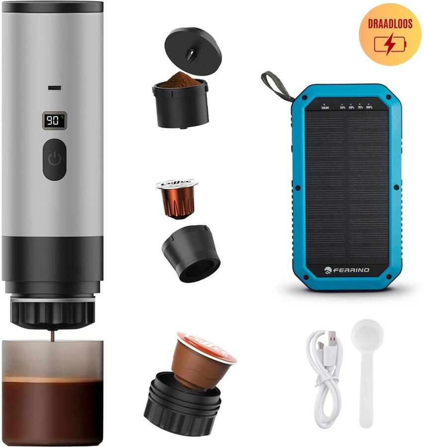 Best Active 3-in-1 Draagbare Koffiemachine Inclusief 10.000 mAh Solar Powerbank Draagbaar Koffiezetapparaat Cups en Gemalen Koffie Draagbaar en Oplaadbaar Espressomachine Zilver